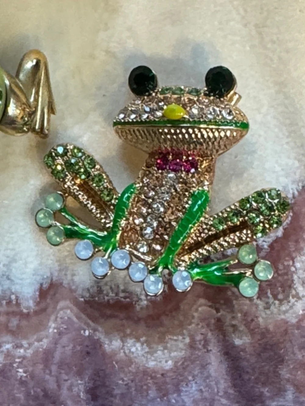 Green Crystal Frog Brooches - Set of 2